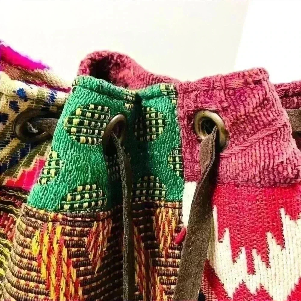 Handcrafted Patchwork Bucket Boho Hobo Drawstring Tassel Backpack Bag